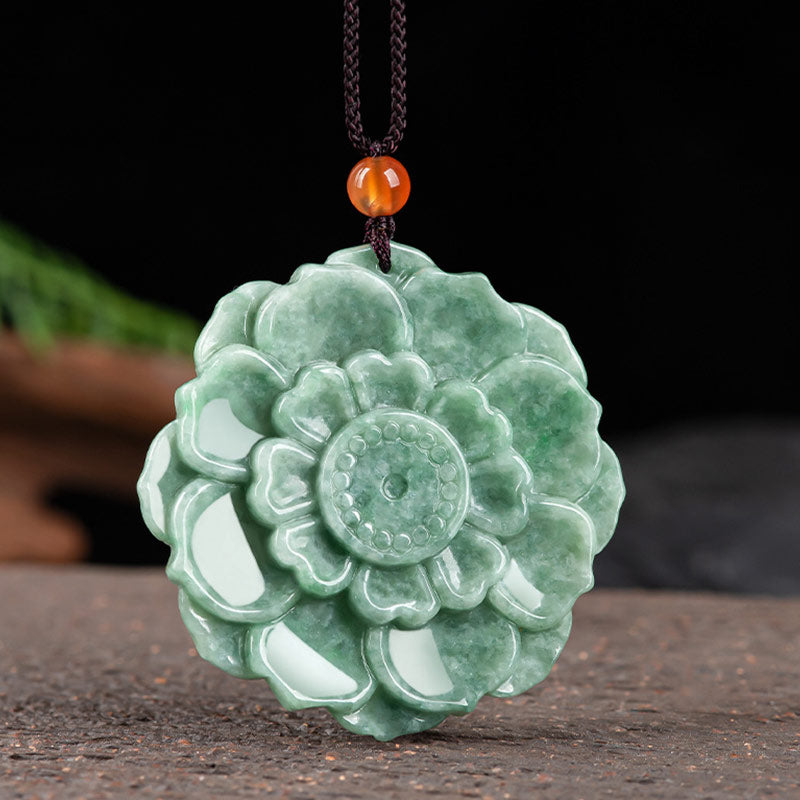 Collana con ciondolo in giada con motivo a loto Buddha Stones, motivo a loto, fortuna e prosperità
