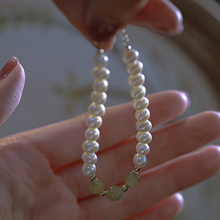 Braccialetto a catena con perle di sincerità in giada bianca e giada ciano di Hetian, placcato in oro 14K