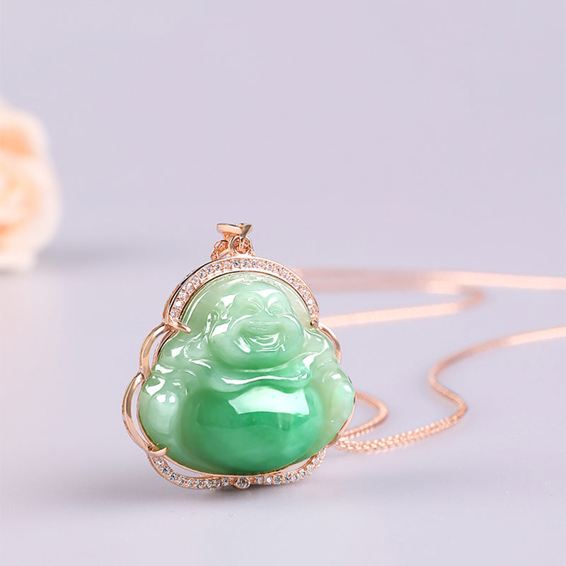 Collana con ciondolo a forma di Buddha che ride in argento sterling 925 con giada naturale e catena di prosperità - Peachpuff - image 1