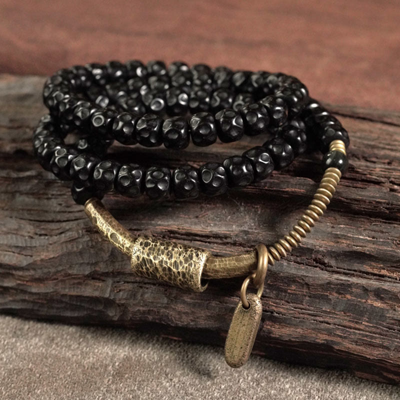 Bracciale triplo giro in ottone e rame con guscio di cocco retrò Buddha Stones - image 2