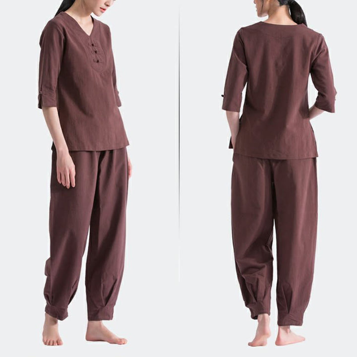 Buddha Stones Yoga Meditazione Preghiera Scollo a V Design Cotone Lino Abbigliamento Uniforme Zen Pratica Set da Donna
