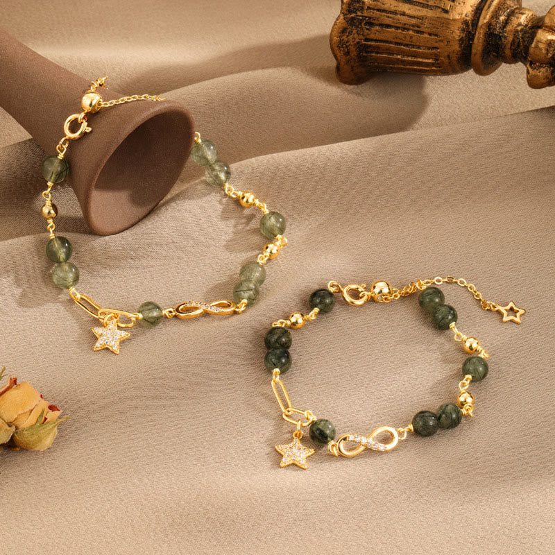Bracciale Buddha Stones in oro 14K con quarzo rutilato verde e anello Möbius, protezione della stella dell'amore eterno