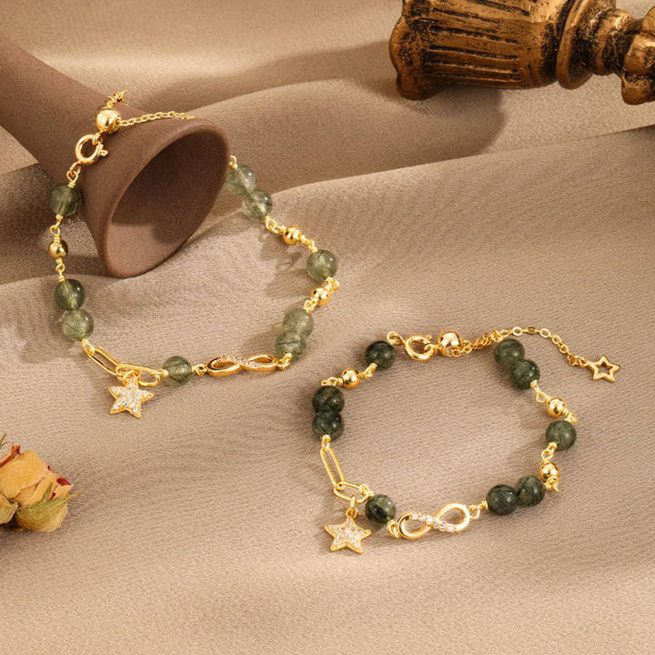 Bracciale Buddha Stones in oro 14K con quarzo rutilato verde e anello Möbius, protezione della stella dell'amore eterno