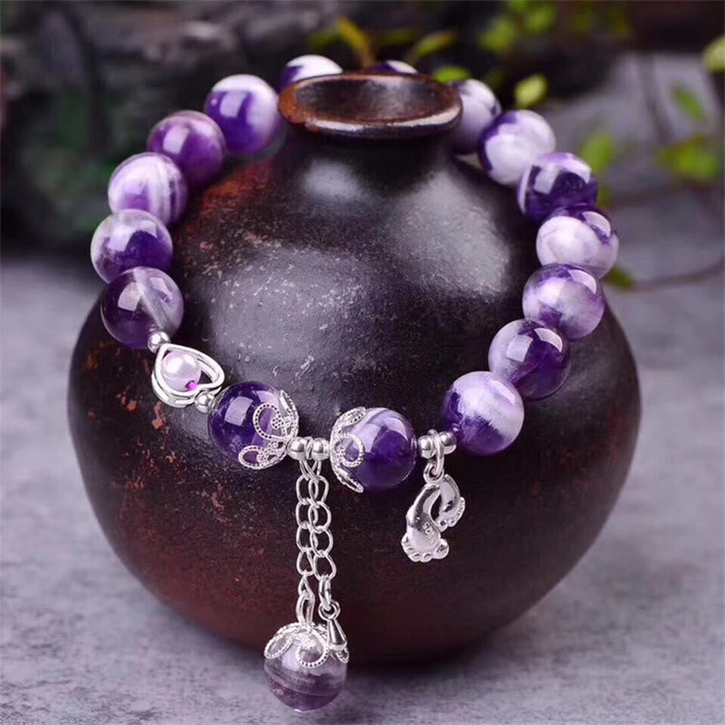 Bracciale con ciondolo a forma di cuore con piedi curativi in ​​argento sterling 925, ametista naturale , Buddha Stones - image 1