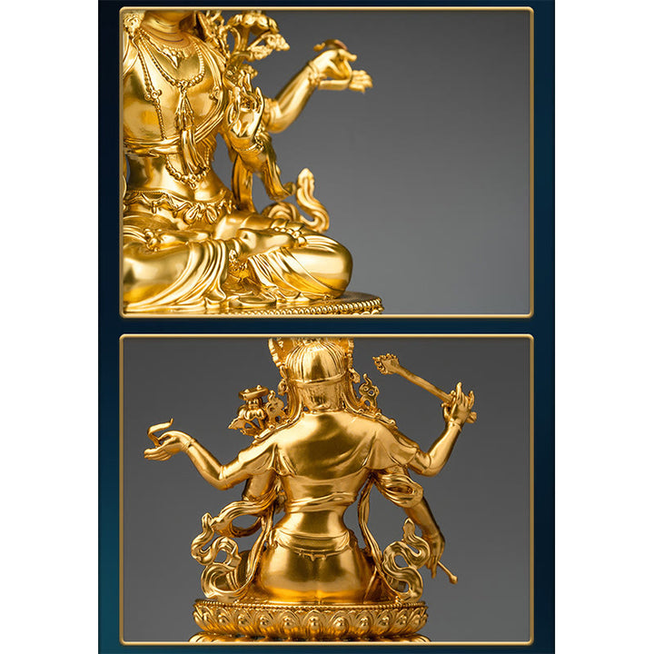 Statua in rame della compassione e serenità del Bodhisattva Manjusri a quattro braccia, statuetta in oro, decorazione per la casa