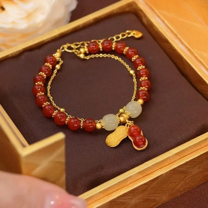 Braccialetto di perline con carattere Fu , Buddha Stones di giada, foglia di ginkgo, tulipano, arachidi e fortuna
