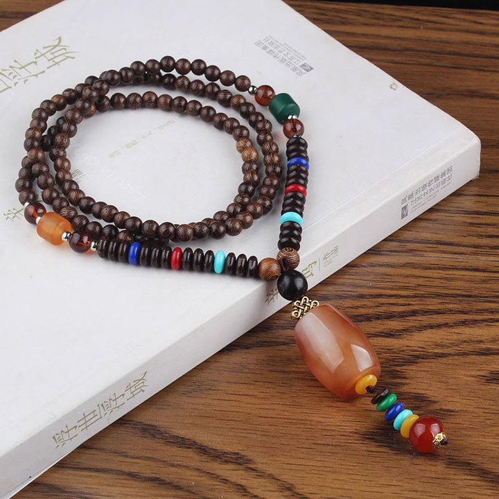 Buddha Stones Tibetano Legno Wenge Bodhi Seme Agata Equilibrio Pace Collana Pendente