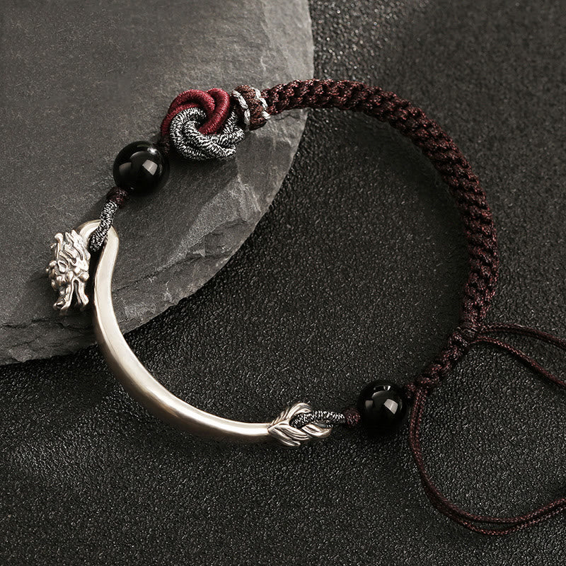 Bracciale intrecciato a mano in argento sterling 925 con drago di buon auspicio Buddha Stones