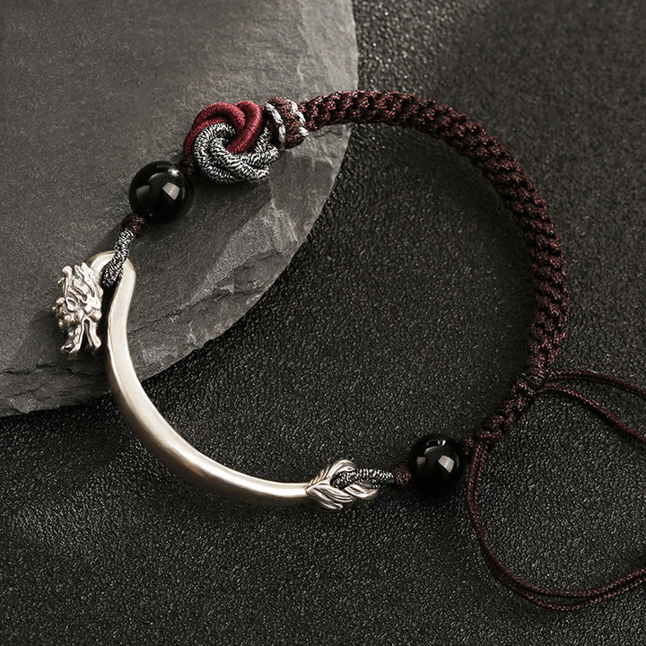 Bracciale intrecciato a mano in argento sterling 925 con drago di buon auspicio Buddha Stones