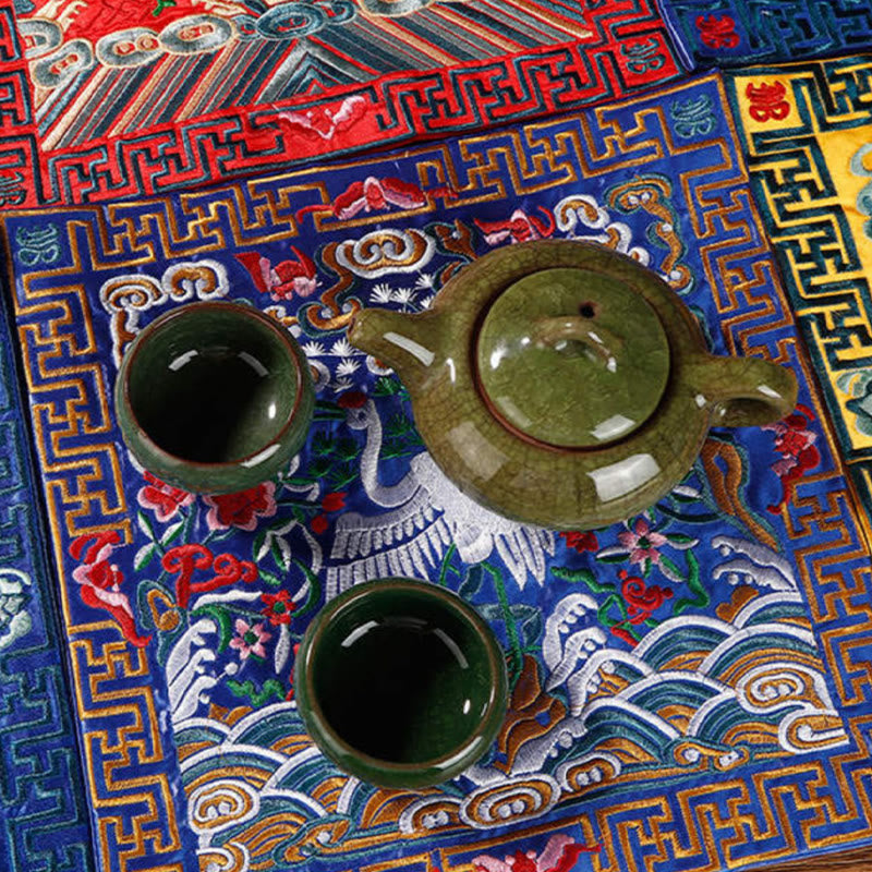 Buddha Stones Gru Fenice Drago Kirin Ricamato Tazza Sottobicchiere Tazza da Tè Quadrato Kung Fu Tappetino da Tè