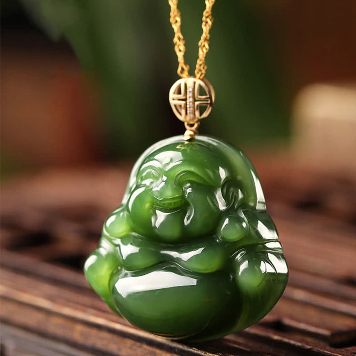Collana con ciondolo a forma di Buddha che ride in argento sterling 925, giada ciano Hetian e oro 18 carati. - image 5
