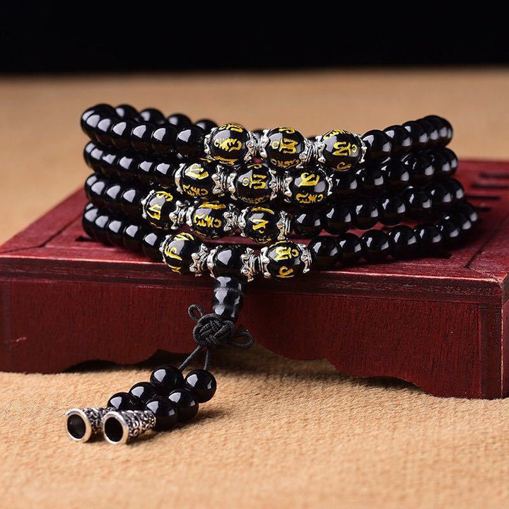 Bracciale Mala di protezione con sei vere parole in ossidiana nera Buddha Stones