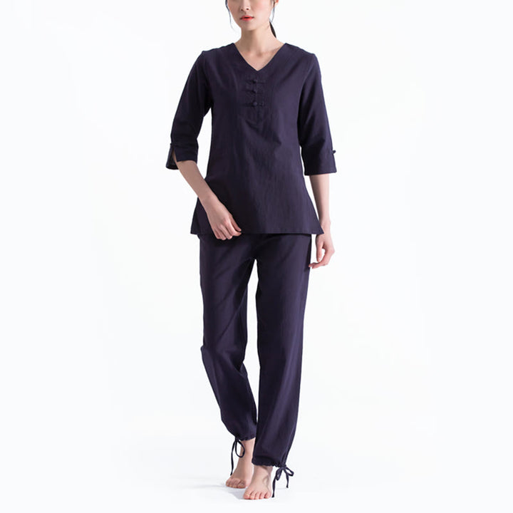 Buddha Stones Yoga Meditazione Preghiera Scollo a V Design Cotone Lino Abbigliamento Uniforme Zen Pratica Set da Donna - Blu scuro - US8-10, UK/AU12-14, EU40-42 (2XL) - image 3