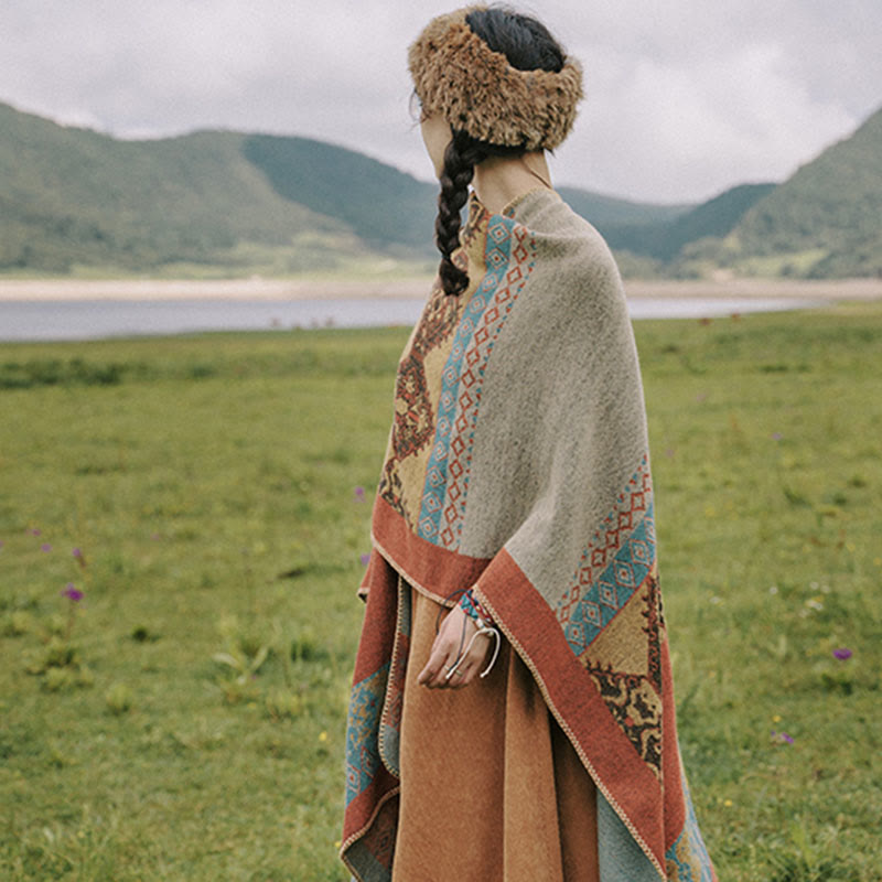 Scialle tibetano con motivo a diamante Buddha Stones, caldo mantello invernale