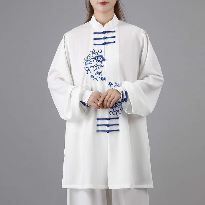 Buddha Stones Fiore Ricamo Meditazione Preghiera Spirituale Zen Tai Chi Qigong Pratica Set di Abbigliamento Unisex