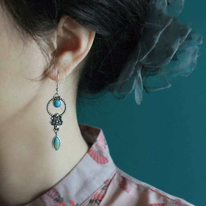 Orecchini pendenti a goccia con motivo a goccia turchese vintage in argento sterling 925 Buddha Stones