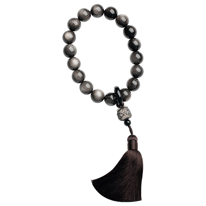 Buddha Stones Argento naturale Ossidiana lucida Ossidiana nera Leone Mala da polso Protezione Nappe Mala tascabile Decorazione per auto
