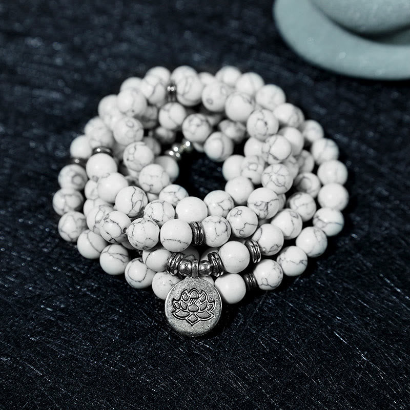 Braccialetto di guarigione Mala di loto turchese bianco Buddha Stones