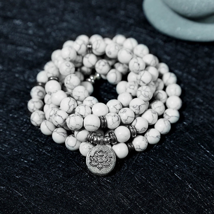 Braccialetto di guarigione Mala di loto turchese bianco Buddha Stones