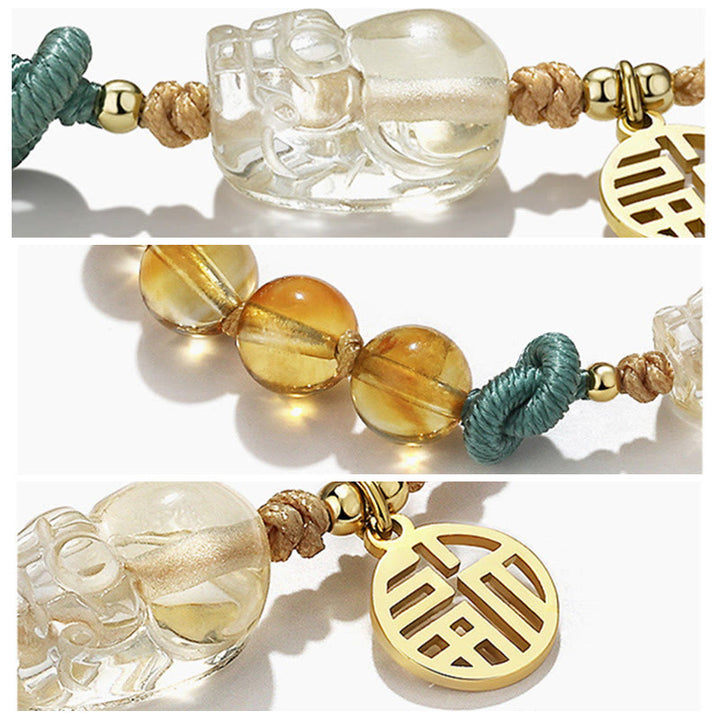 Braccialetto intrecciato con corda di prosperità del carattere PiXiu Fu di Buddha Stones Citrine