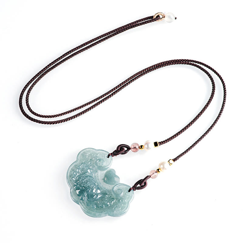 Collana con Buddha Stones a forma di fiore di peonia in giada naturale con ciondolo a forma di lucchetto di buoni auguri e prosperità