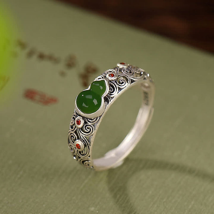Anello di buon auspicio con zucca, giada ciano e agata rossa in argento sterling 925