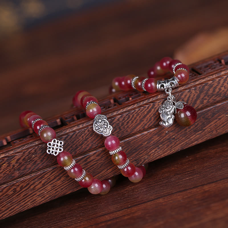 Braccialetto Buddha Stones Natural Watermelon Tormalina PiXiu Elephant Positive Triple Wrap