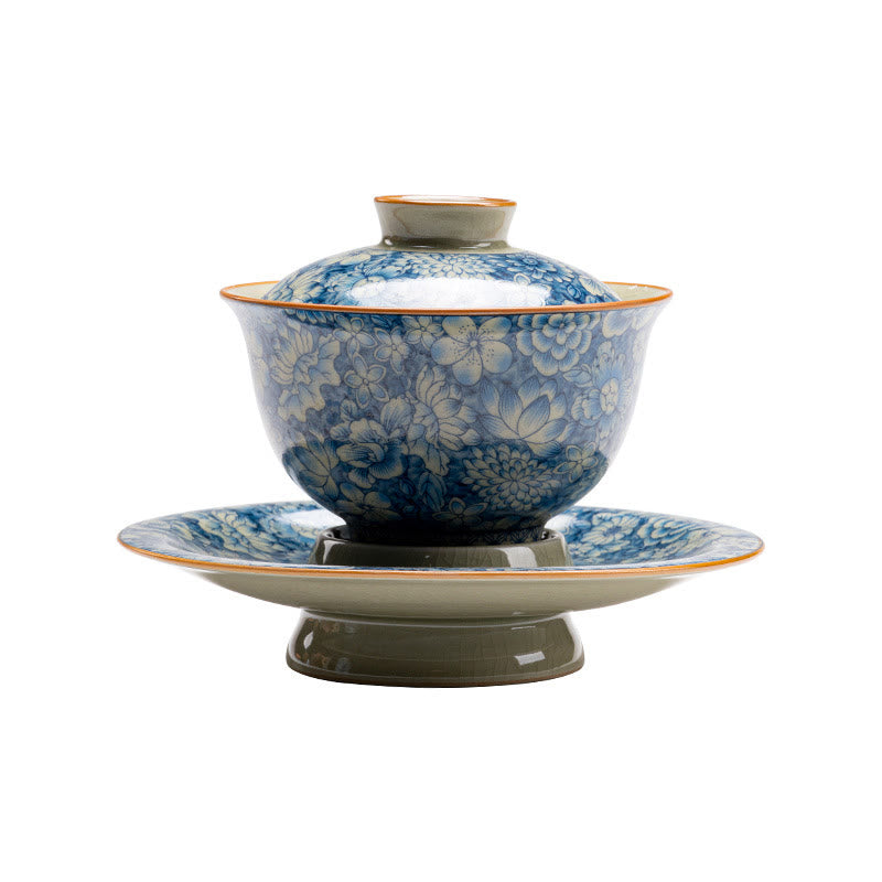 Buddha Stones Vintage Blu e Bianco Porcellana Fiore di Pesco Loto Peonia Ceramica Gaiwan Sancai Tazza da Tè Kung Fu Tazza da Tè e Piattino con Coperchio - image 9