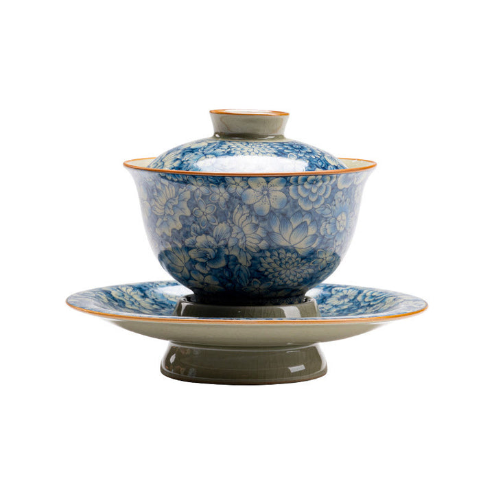 Buddha Stones Vintage Blu e Bianco Porcellana Fiore di Pesco Loto Peonia Ceramica Gaiwan Sancai Tazza da Tè Kung Fu Tazza da Tè e Piattino con Coperchio - image 9