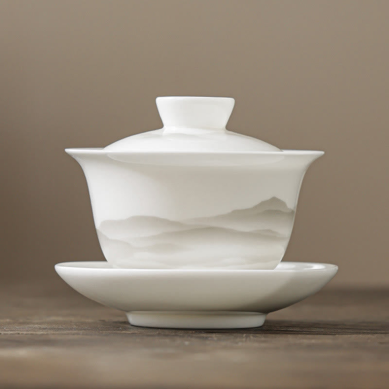 Buddha Stones Vintage Ink Painting Mountain White Porcelain Ceramic Gaiwan Sancai Tazza da tè Kung Fu Tazza da tè e piattino con coperchio Utensile da tè Teiera - Tazza 10,3 cm * 8,3 cm * 175 ml - image 0