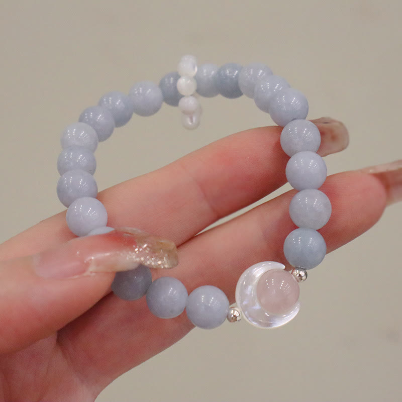 Braccialetto di Buddha Stones in argento sterling 925 con ametista naturale, acquamarina, cristallo rosa, occhio di gatto, guarigione, luna crescente