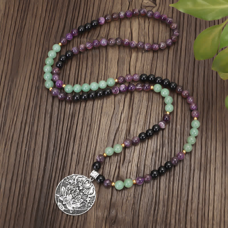 Buddha Stones 108 Mala Beads Ametista Verde Avventurina Loto Bracciale Meditazione - image 2