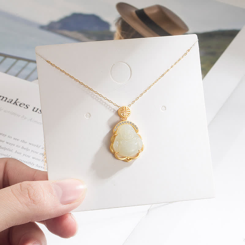 Collana con ciondolo di protezione in giada bianca Hetian Buddha che ride in argento sterling 925 - image 2