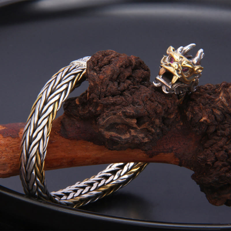 Braccialetto in metallo intrecciato con design a forma di drago Buddha Stones in argento sterling 925 Anno del drago di buon auspicio