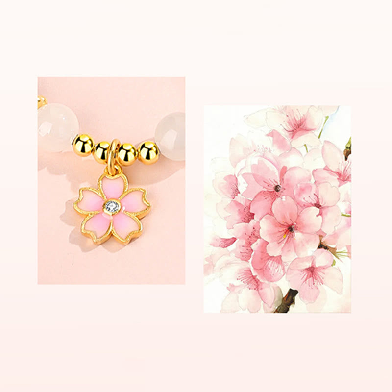 Braccialetto di protezione in giada bianca Hetian con fiori di ciliegio in argento sterling 925 Buddha Stones