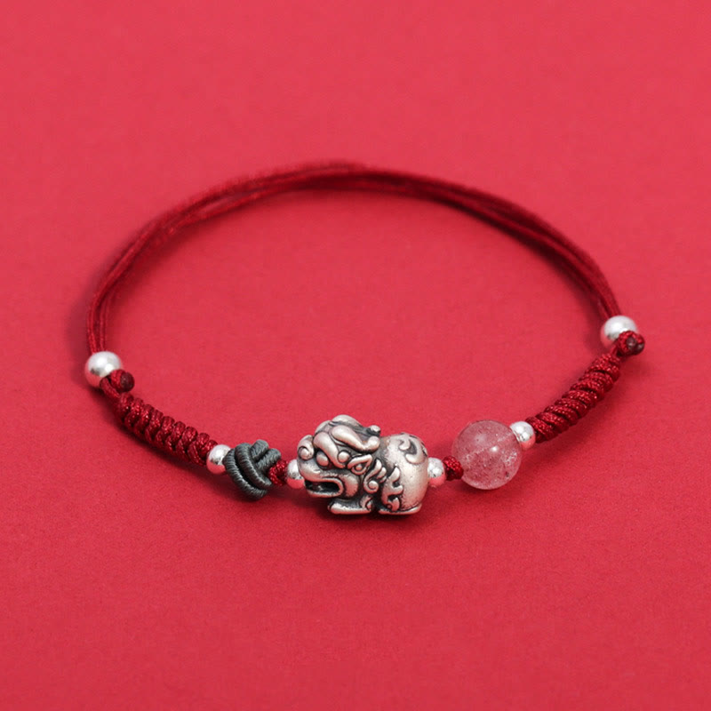 Bracciale intrecciato Buddha Stones 999 Sterling Silver PiXiu Strawberry Quartz Bead Wealth Luck