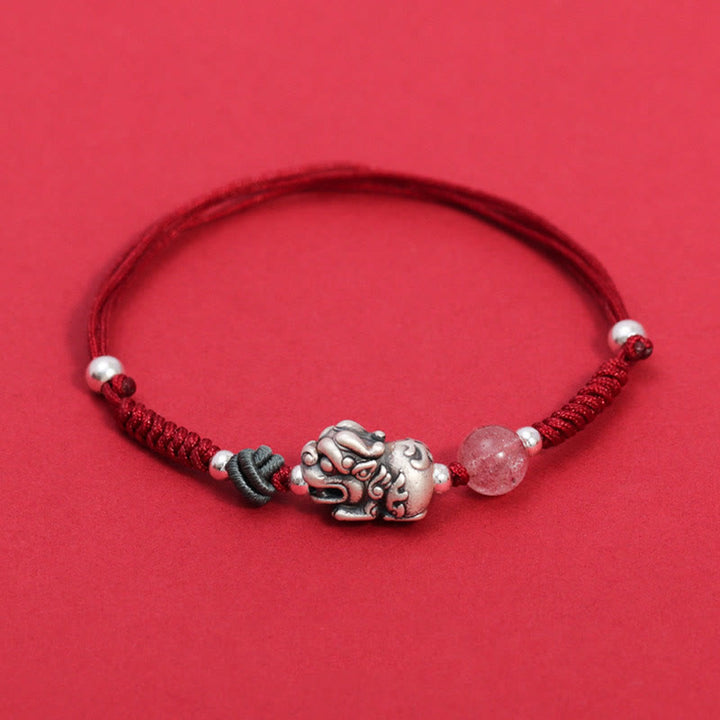 Bracciale intrecciato Buddha Stones 999 Sterling Silver PiXiu Strawberry Quartz Bead Wealth Luck