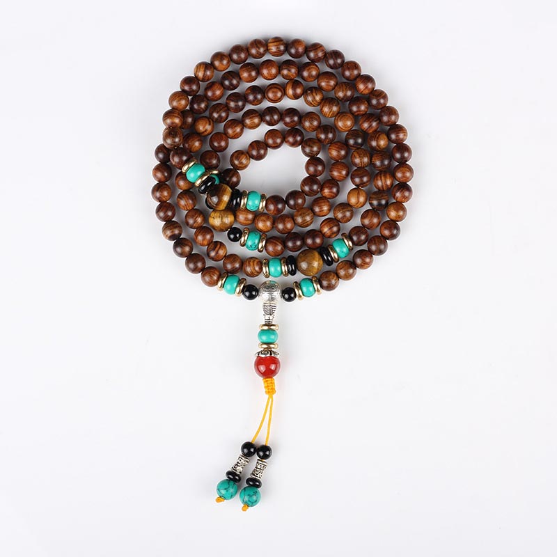 Braccialetto di guarigione Mala con 108 perle di occhio di tigre e legno di palissandro Buddha Stones