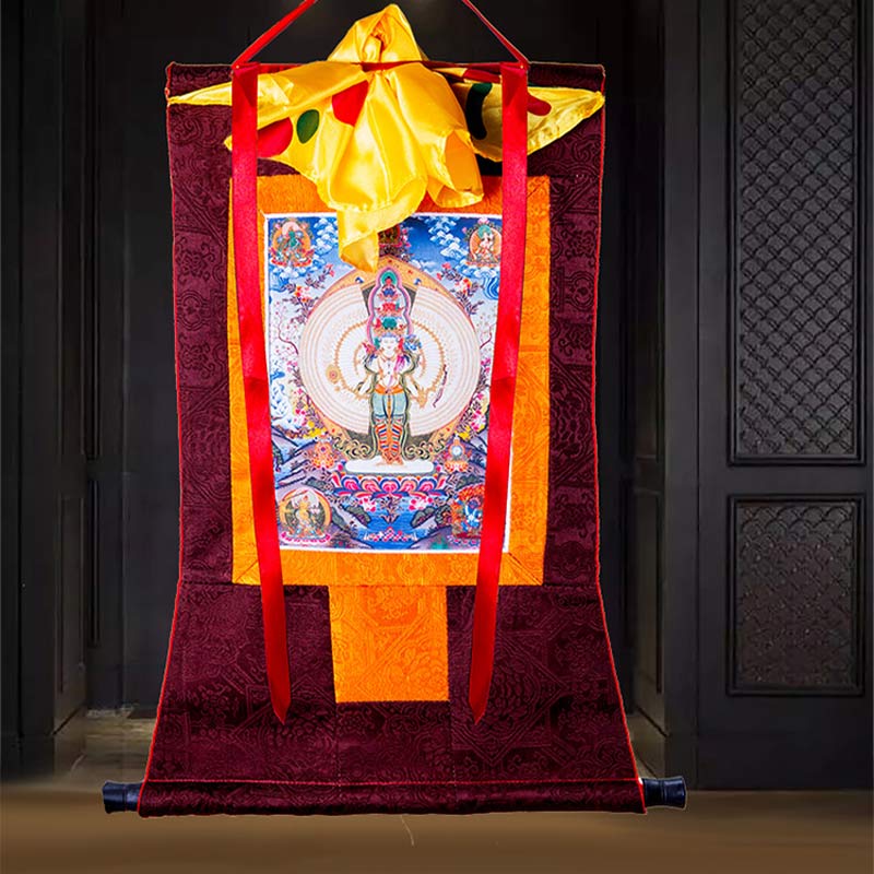 Buddha Stones Tibetano Avalokitesvara dalle mille mani con cornice Thangka Benedizione Decorazione