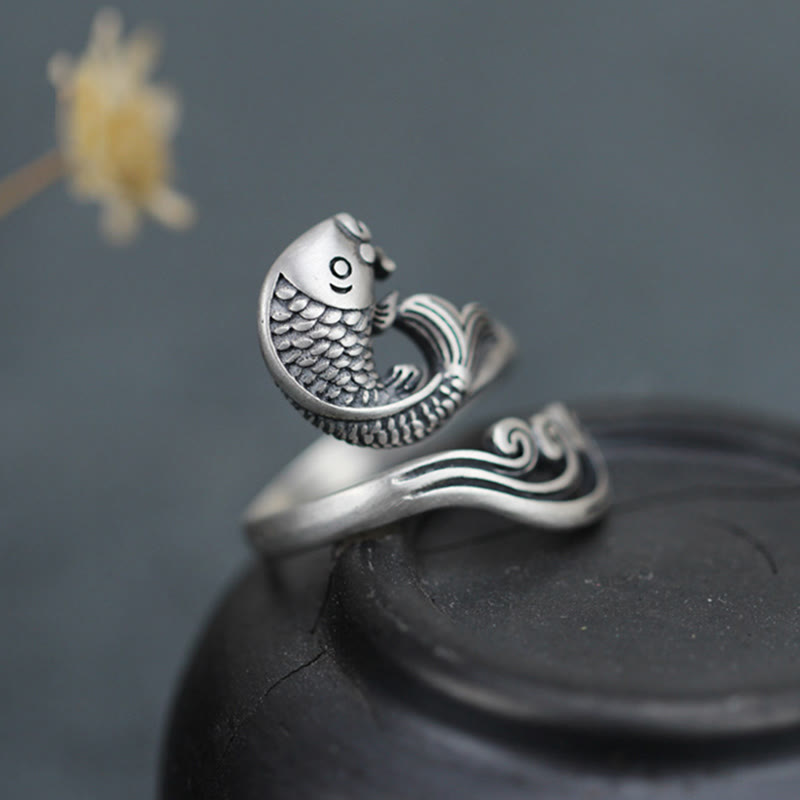 Buddha Stones 925 Sterling Silver Koi Fish Water Ripple Luck Wealth - image 1