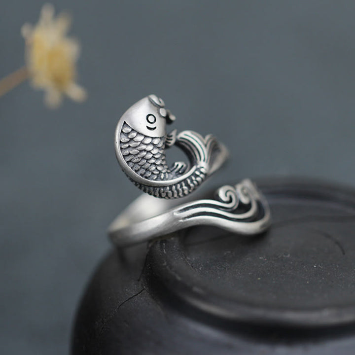 Buddha Stones 925 Sterling Silver Koi Fish Water Ripple Luck Wealth - image 1