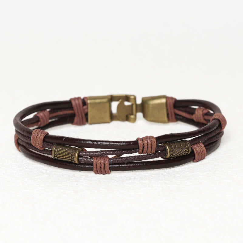 Braccialetto a strati in corda marrone con cinturino in pelle vintage Buddha Stones - image 1