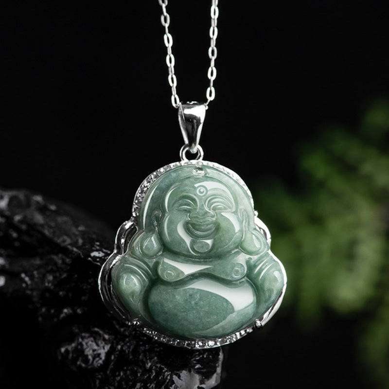 Collana con ciondolo a Buddha Stones in argento sterling 925 con Buddha che ride e giada, abbondanza - image 8