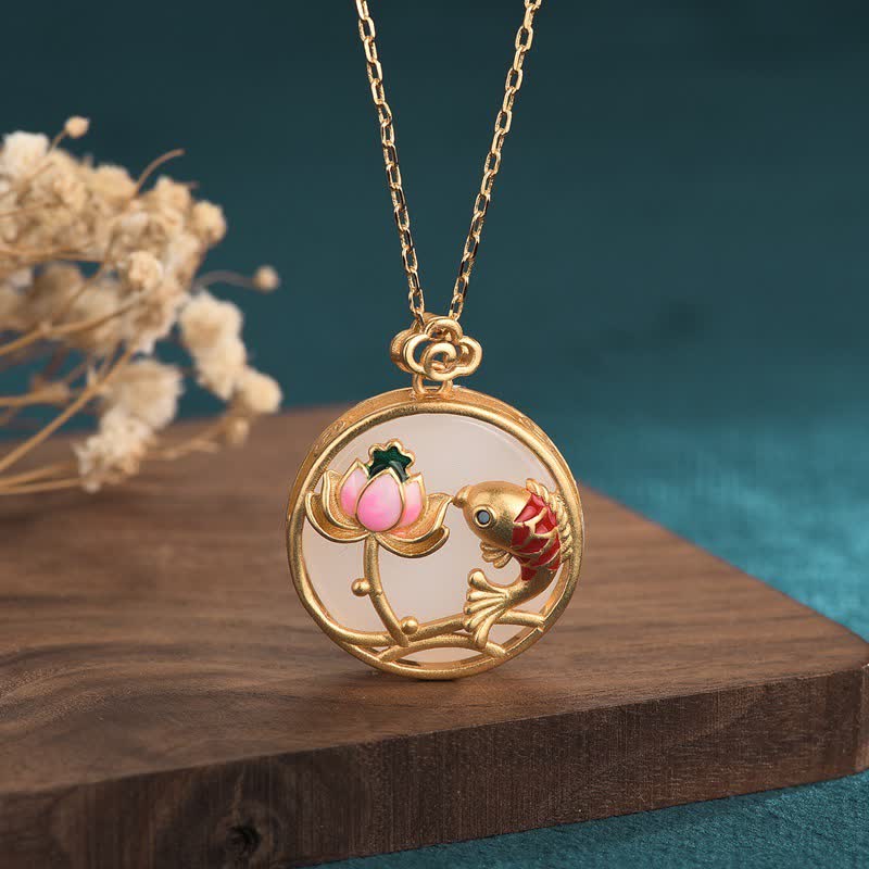 Collana con ciondolo di benedizione di loto di pesce koi in giada bianca - Giada bianca - image 1