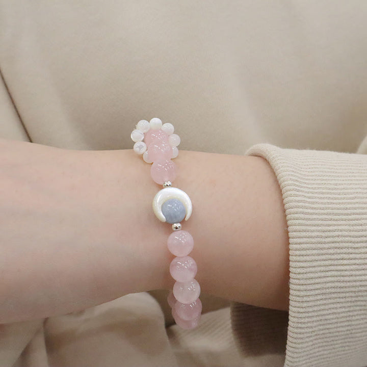 Braccialetto di Buddha Stones in argento sterling 925 con ametista naturale, acquamarina, cristallo rosa, occhio di gatto, guarigione, luna crescente