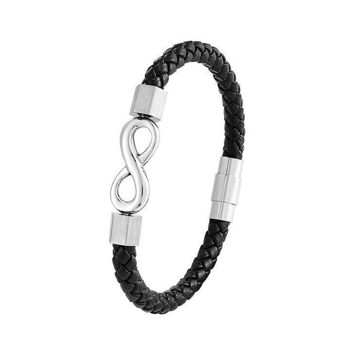 Bracciale Buddha Stones Endless Knot in acciaio al titanio con intreccio in pelle e bilanciamento