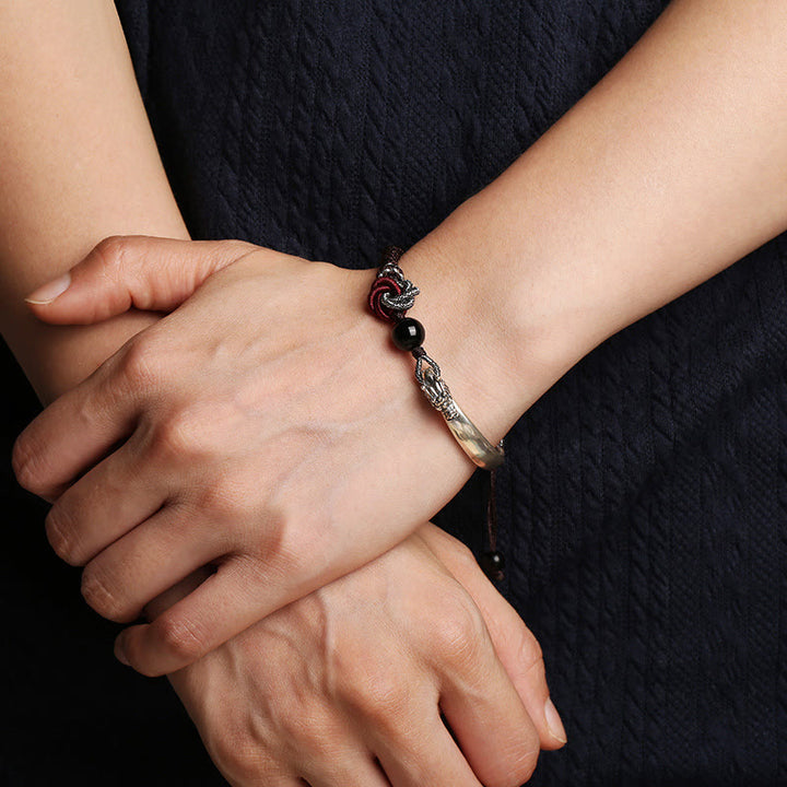Bracciale intrecciato a mano in argento sterling 925 con drago di buon auspicio Buddha Stones