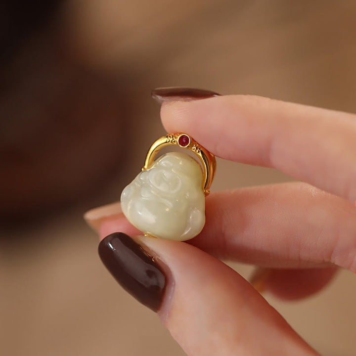 Collana con ciondolo a forma Buddha Stones Buddha con ciondolo a forma di Buddha che ride, in argento sterling 925, giada naturale di Hetian - image 2