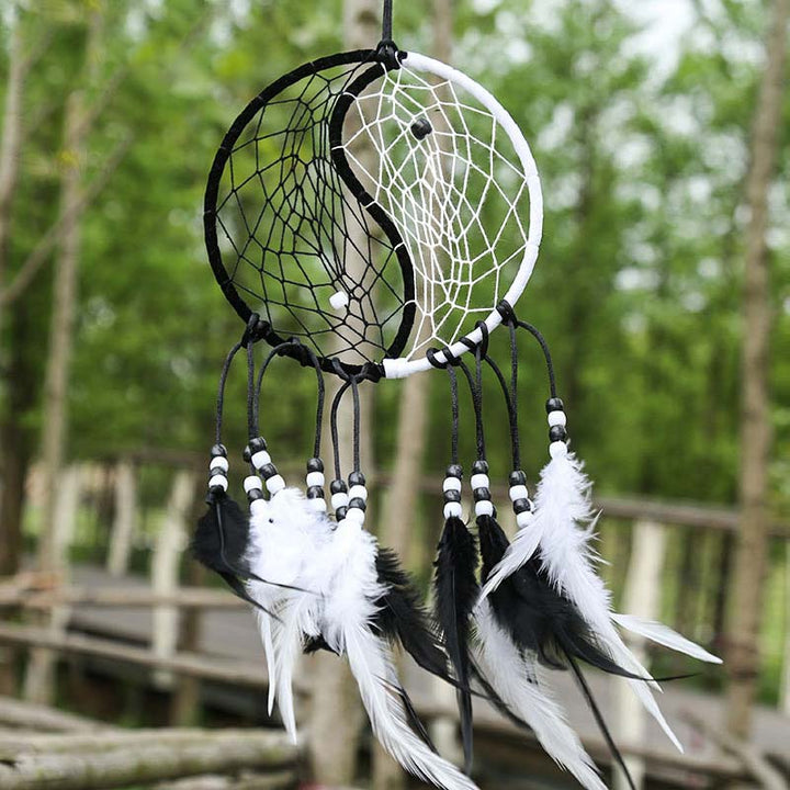 Acchiappasogni Yin Yang Rete circolare con piume Decorazione di equilibrio