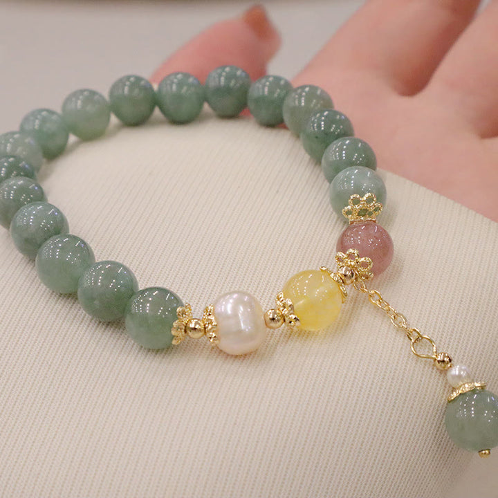 Braccialetto con ciondolo di perle di giada e quarzo fragola, Buddha Stones , abbondanza e fortuna